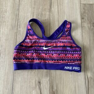 Nike Pro Dri Fit Sports Bra Womens Medium M Aztec Purple Swoosh Removable Pads